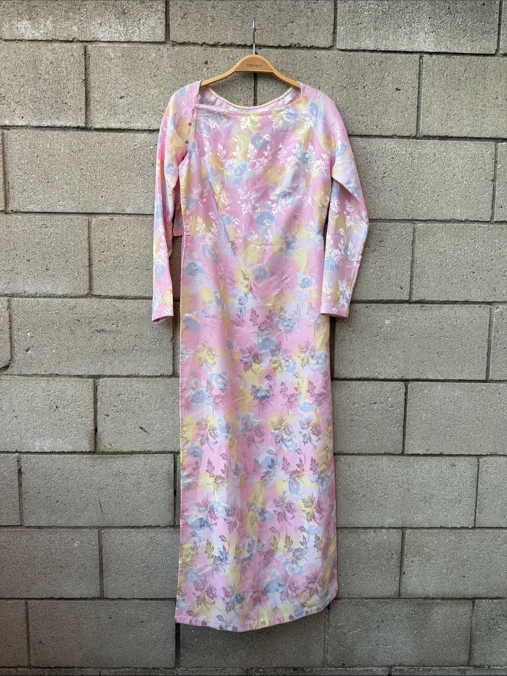 Long Sleeve Pink Floral Asian Maxi Dress